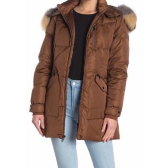 1 Madison Genuine Fox Fur Trimmed Hooded Parka Cognac Brown - Picture 1 of 11